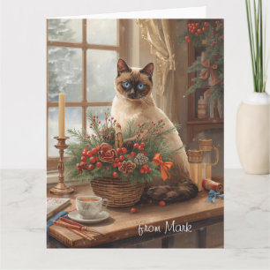 Siamese Cat arranging Flowers Winter Christmas  Card