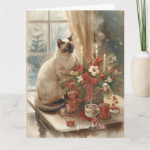 Siamese Cat arranging Flowers Winter Christmas