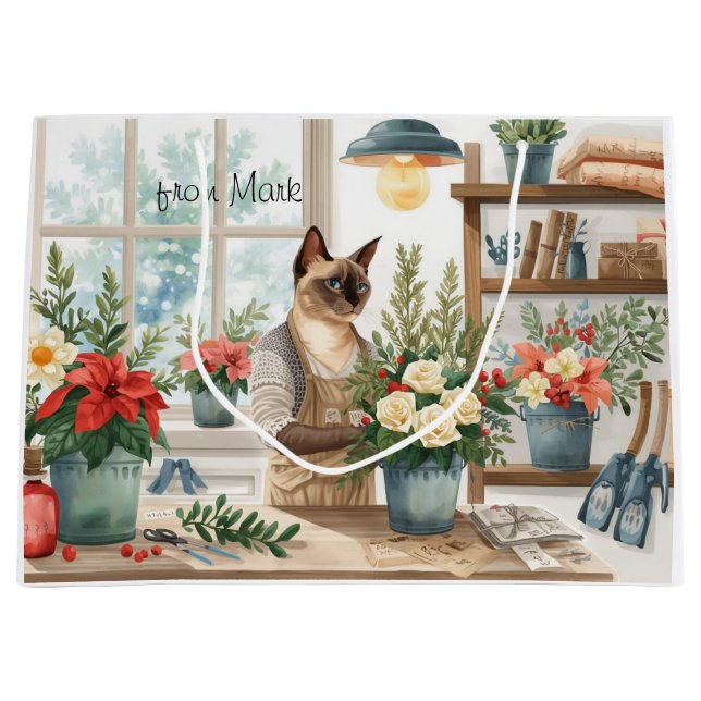 Siamese Cat arranging Flowers Winter Christmas  Large Gift Bag (Front)