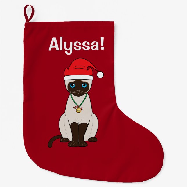 Siamese Cat at Christmas Name Customizable Large Christmas Stocking (Front)