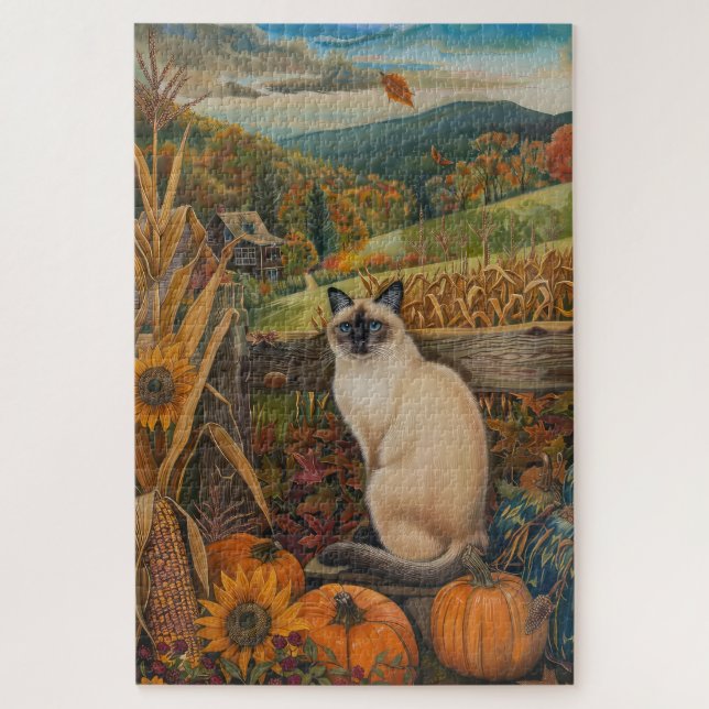 Siamese Cat Autumn Harvest Thanksgiving Jigsaw Puzzle (Vertical)