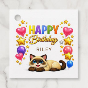 Siamese Cat Balloons and Stars Happy Birthday Favor Tags