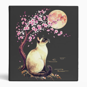 Siamese Cat Beneath a Pink Moon 3 Ring Binder