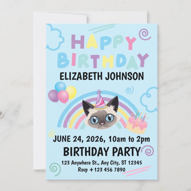 Siamese Cat Birthday Invitation in Blue (Front)
