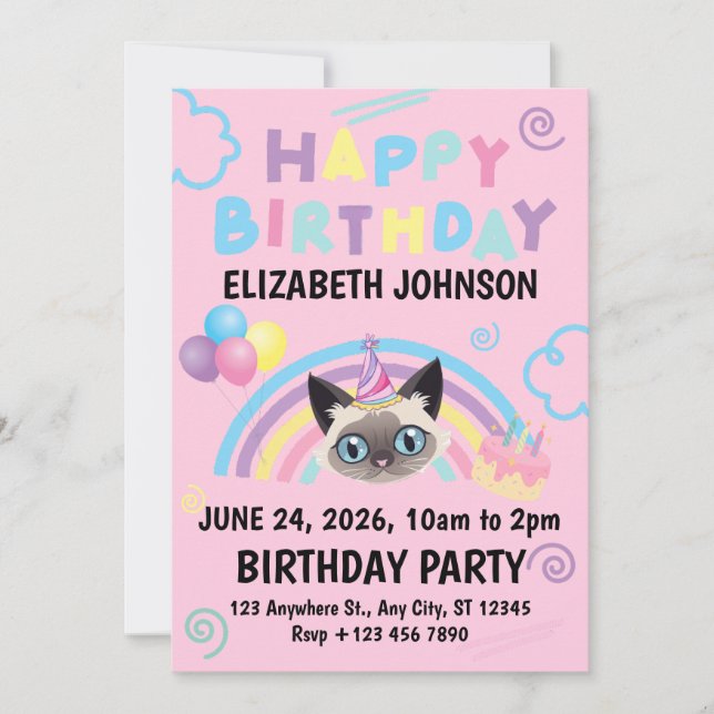 Siamese Cat Birthday Invitation in Pink (Front)