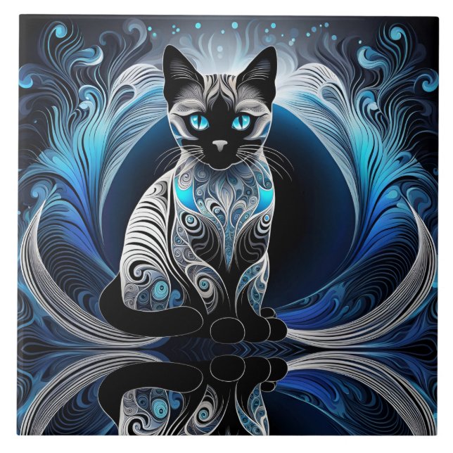 Siamese cat, black blue and white abstract ceramic tile (Front)