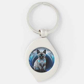 Siamese cat, black blue and white abstract keychain
