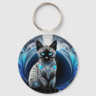 Siamese cat, black blue and white abstract keychain
