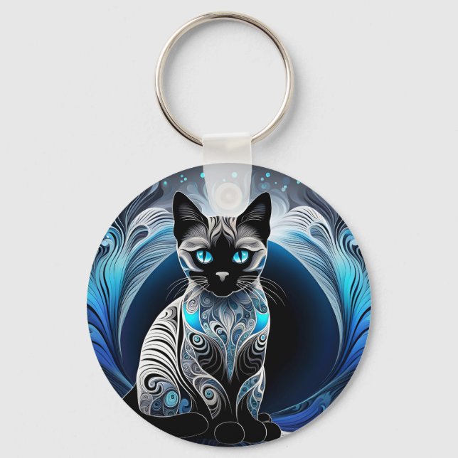 Siamese cat, black blue and white abstract keychain (Back)