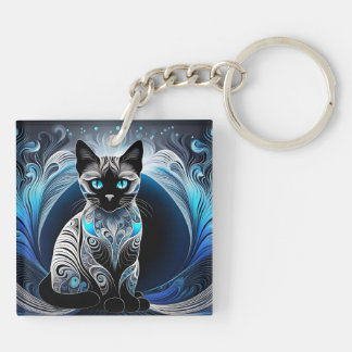 Siamese cat, black blue and white abstract keychain