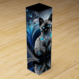 Siamese cat, black blue and white abstract wine box