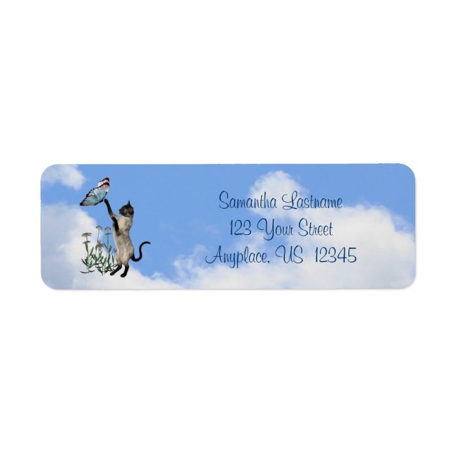 Siamese Cat Blue Butterfly Cute Address Label (Front)