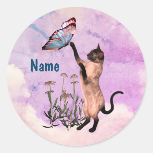 Siamese Cat Blue Butterfly Cute Personalized Classic Round Sticker