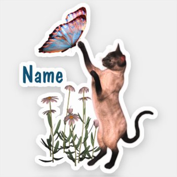 Siamese Cat Blue Butterfly Cute Personalized  Sticker by SmilinEyesTreasures at Zazzle
