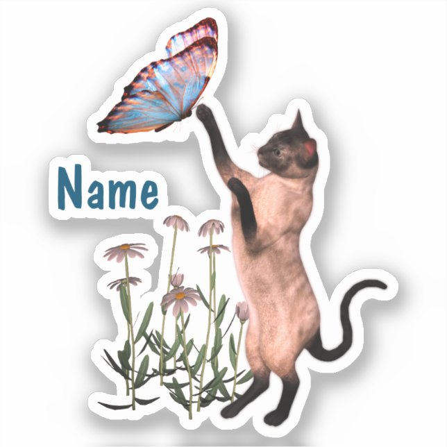 Siamese Cat Blue Butterfly Cute Personalized  Sticker (Front)