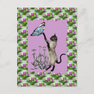 Siamese Cat Blue Butterfly Daisies Postcard