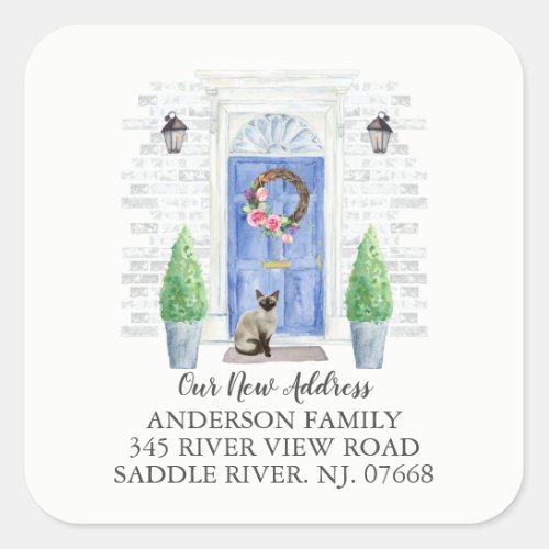 Siamese Cat Blue Door New Address Label Sticker