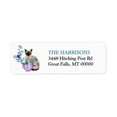 Siamese Cat Blue Flowers Return Address Label