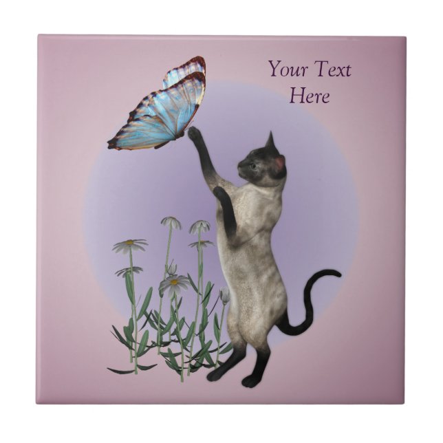 Siamese Cat Butterfly And Daisies Tile (Front)