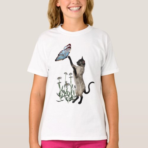 Siamese Cat Butterfly And Daisy Flowers T_Shirt
