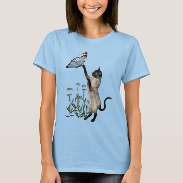 Siamese Cat Butterfly And Daisy Flowers T-Shirt (Front)