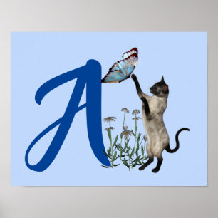 Siamese Cat Butterfly Cute Monogram Initial A Poster