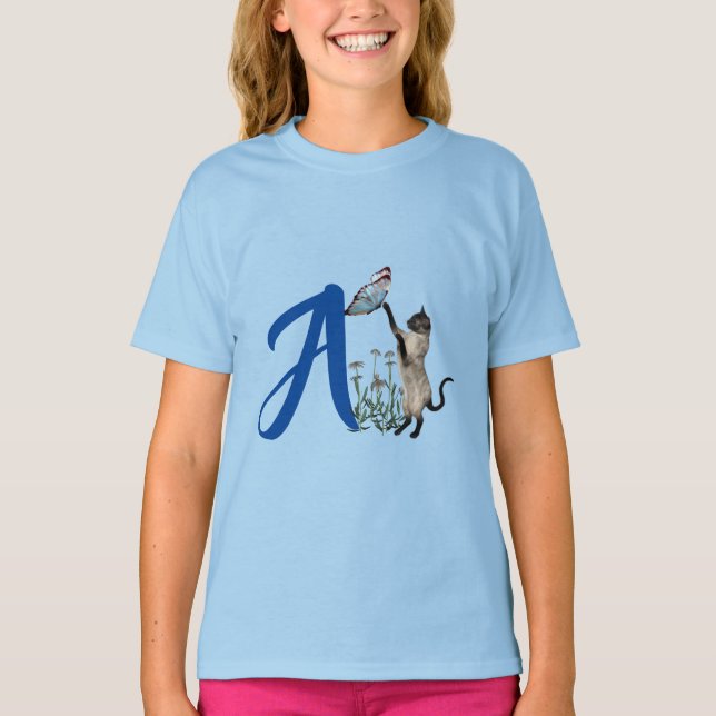 Siamese Cat Butterfly Cute Monogram Initial A  T-Shirt (Front)