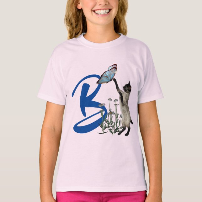 Siamese Cat Butterfly Cute Monogram Initial B  T-Shirt (Front)