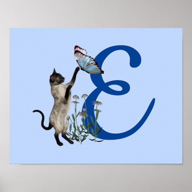 Siamese Cat Butterfly Cute Monogram Initial E Poster (Front)