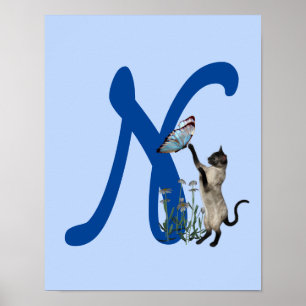 Siamese Cat Butterfly Cute Monogram Initial N Poster