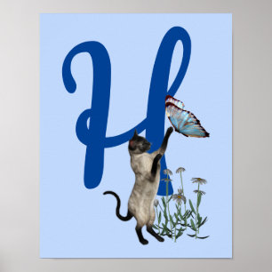 Siamese Cat Butterfly Daisies Monogram Initial H Poster