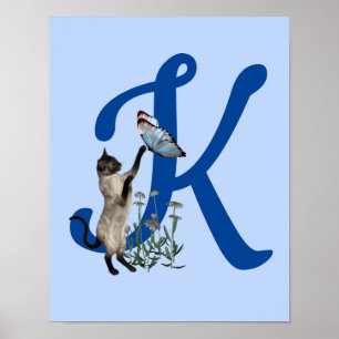 Siamese Cat Butterfly Daisies Monogram Initial K Poster