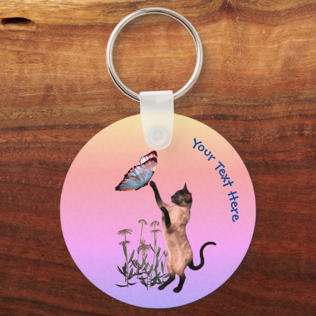 Siamese Cat Butterfly Daisies Personalized Keychain (Front)