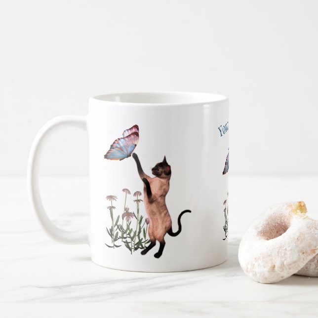 Siamese Cat Butterfly Daisy Personalized Coffee Mug (With Donut)