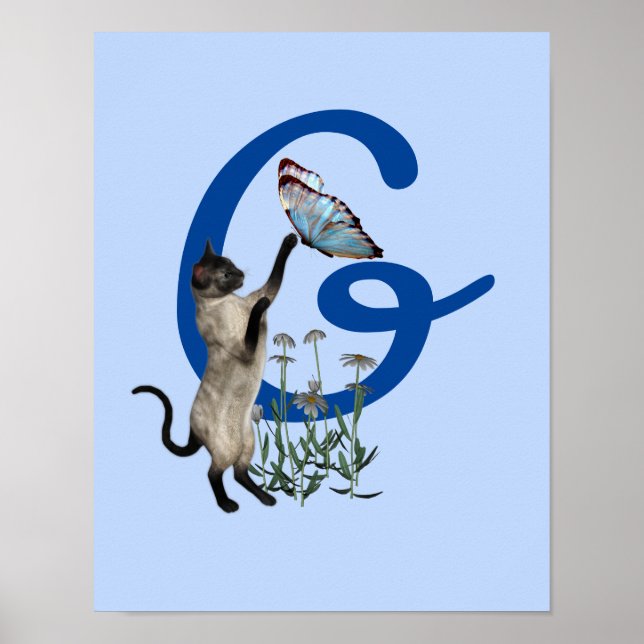 Siamese Cat Butterfly Flowers Monogram Initial G Poster (Front)