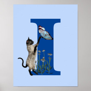 Siamese Cat Butterfly Flowers Monogram Initial I Poster