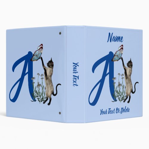 Siamese Cat Butterfly Monogram Initial A  3 Ring Binder