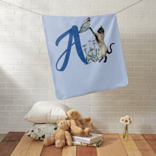 Siamese Cat Butterfly Monogram Initial A   Baby Blanket