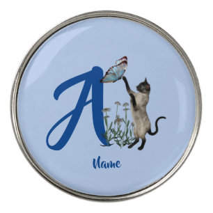 Siamese Cat Butterfly Monogram Initial A Golf Ball Marker