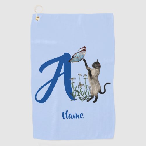 Siamese Cat Butterfly Monogram Initial A  Golf Towel