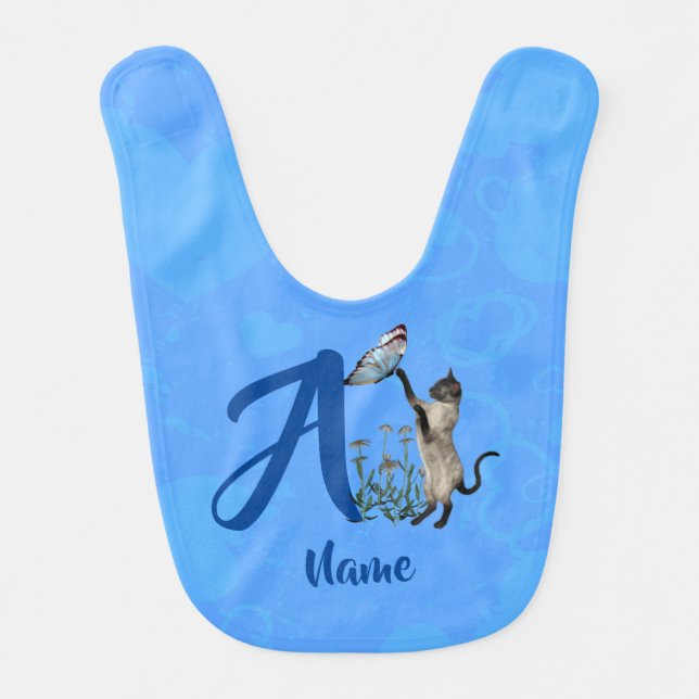 Siamese Cat Butterfly Monogram Initial A Name Baby Bib (Front)