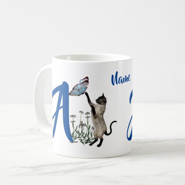 Siamese Cat Butterfly Monogram Initial A Name Coffee Mug (Front Left)