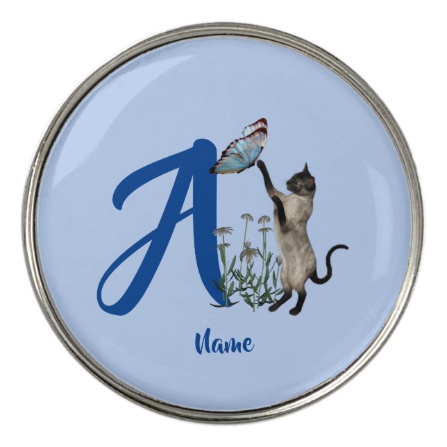 Siamese Cat Butterfly Monogram Initial A Name Golf Ball Marker (Front)