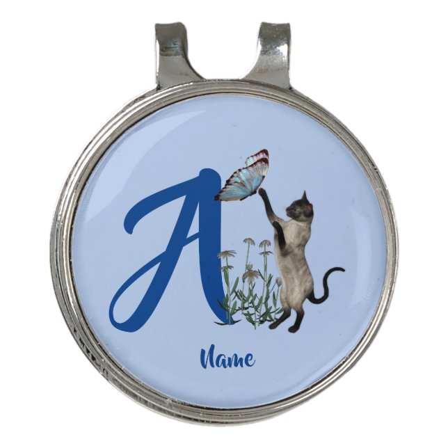 Siamese Cat Butterfly Monogram Initial A Name   Golf Hat Clip (Front)