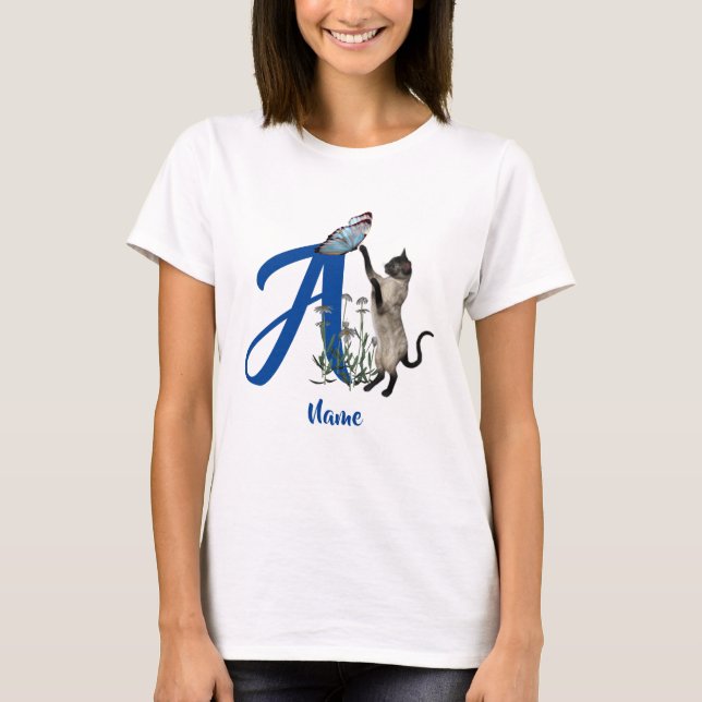 Siamese Cat Butterfly Monogram Initial A Name T-Shirt (Front)