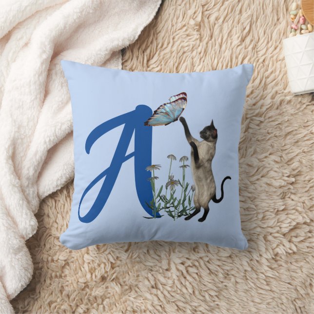 Siamese Cat Butterfly Monogram Initial A Throw Pillow (Blanket)