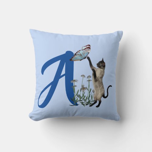 Siamese Cat Butterfly Monogram Initial A Throw Pillow