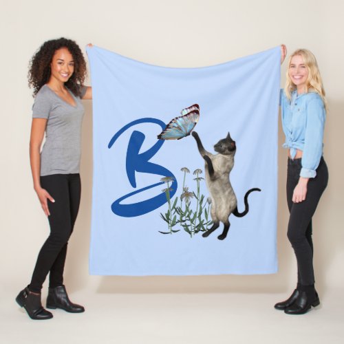 Siamese Cat Butterfly Monogram Initial B   Fleece Blanket