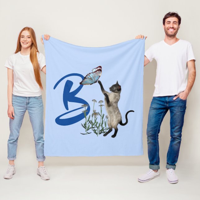 Siamese Cat Butterfly Monogram Initial B   Fleece Blanket (In Situ)