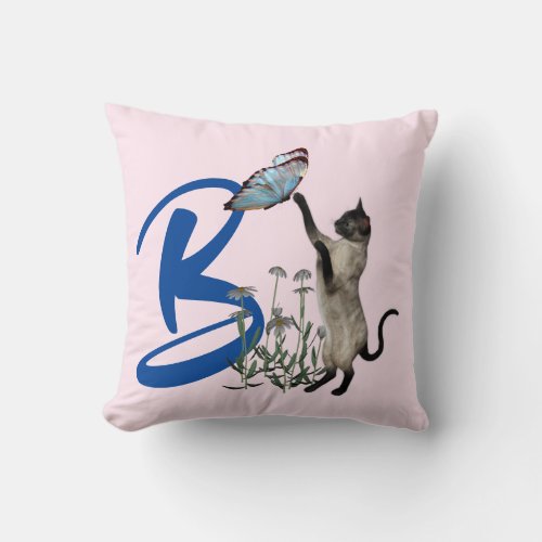 Siamese Cat Butterfly Monogram Initial B Throw Pillow